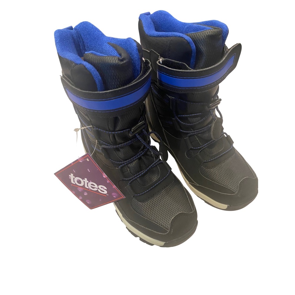 Totes Sage Boys Snow Boots Black Blue Bungee Strap Size 4 NEW